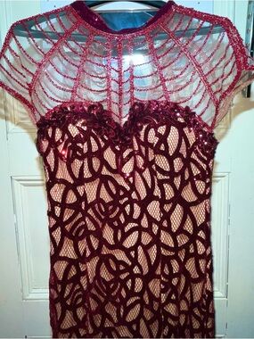 Beaded Burgundy Illusion Cocktail Dress